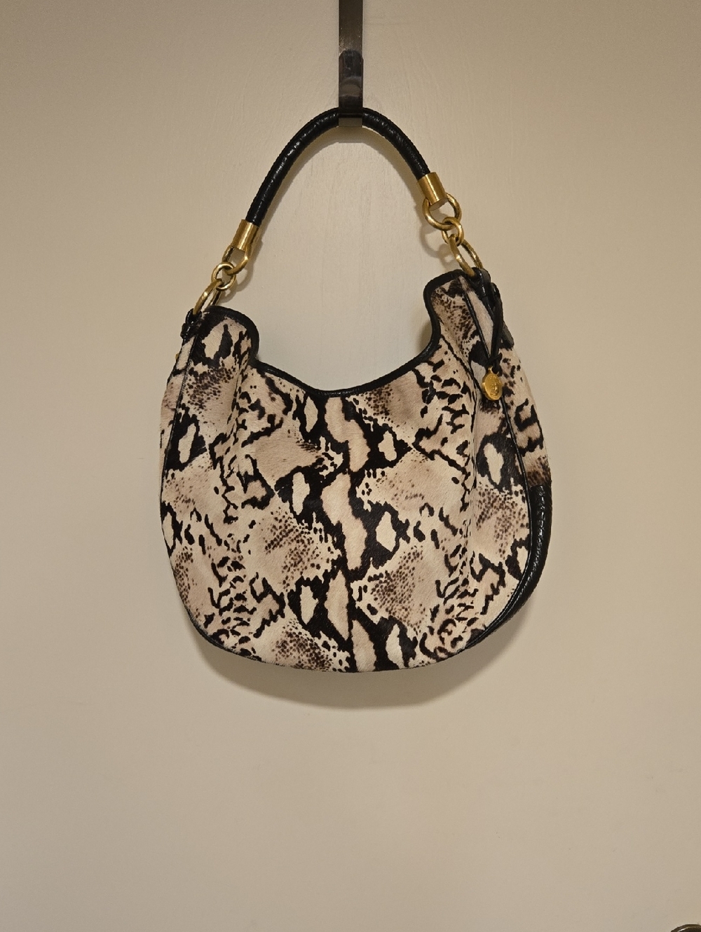 Brahmin Snake-Print Shoulder Bag in Black and Cream with Gold Hardware